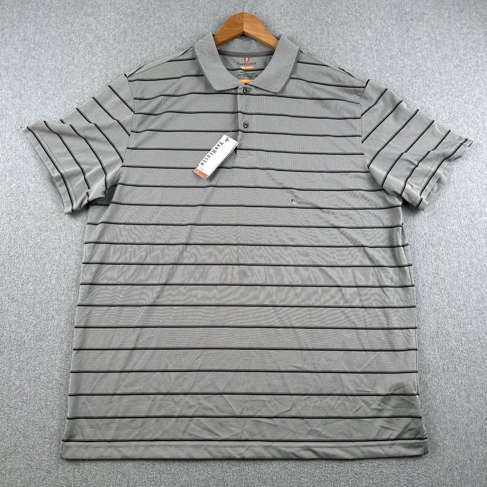 Van Heusen Polo Shirt Mens XL Traveler Gray Striped Moisture Wicking NEW - Picture 2 of 9